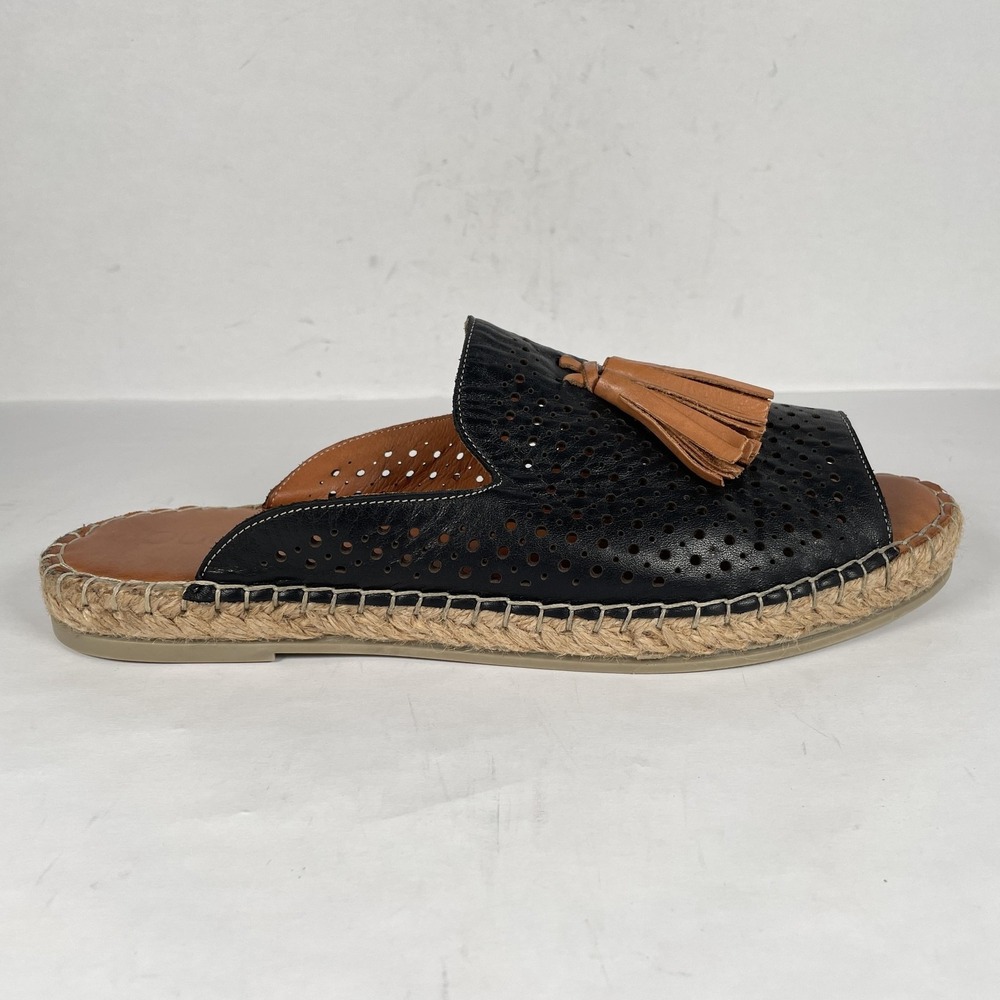 Bueno Shoes Espadrille Womens Size 42 Black Leather Slip On Tassel Mule Flats
